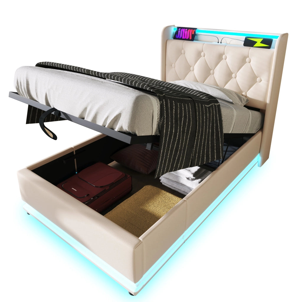 Letto singolo imbottito con LED a 360°; contenitore idraulico; testiera con porta USB/Tipo-C; PU bianco; 90x200 cm; materasso incluso