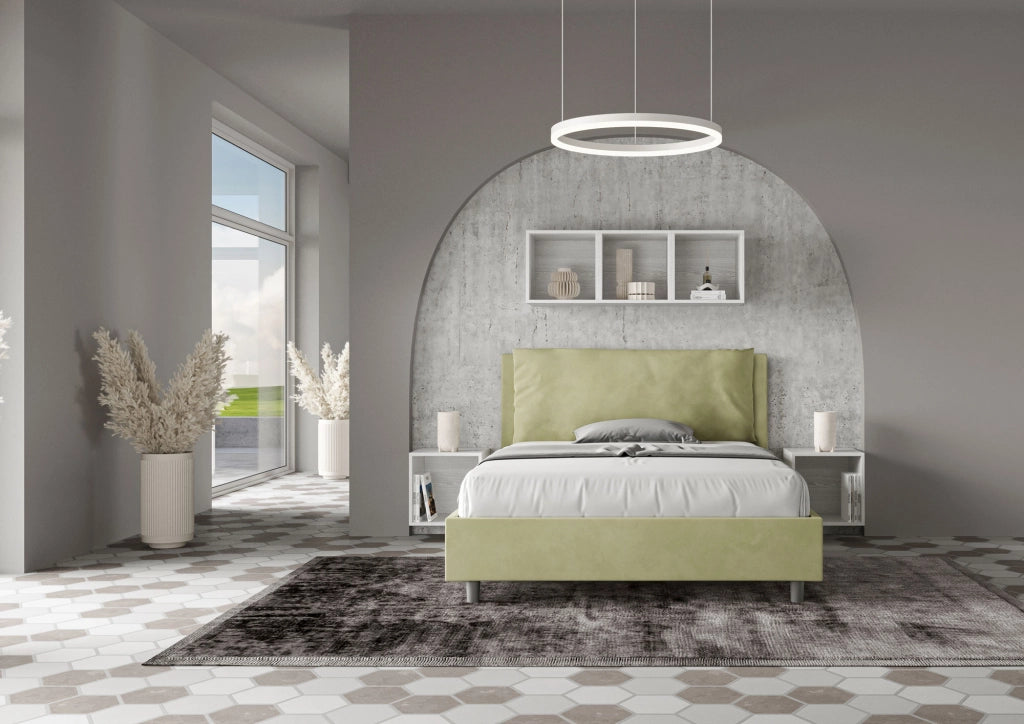 BS COM Letto matrimoniale francese con rete imbottito 140x190 microfibra tè verde Large