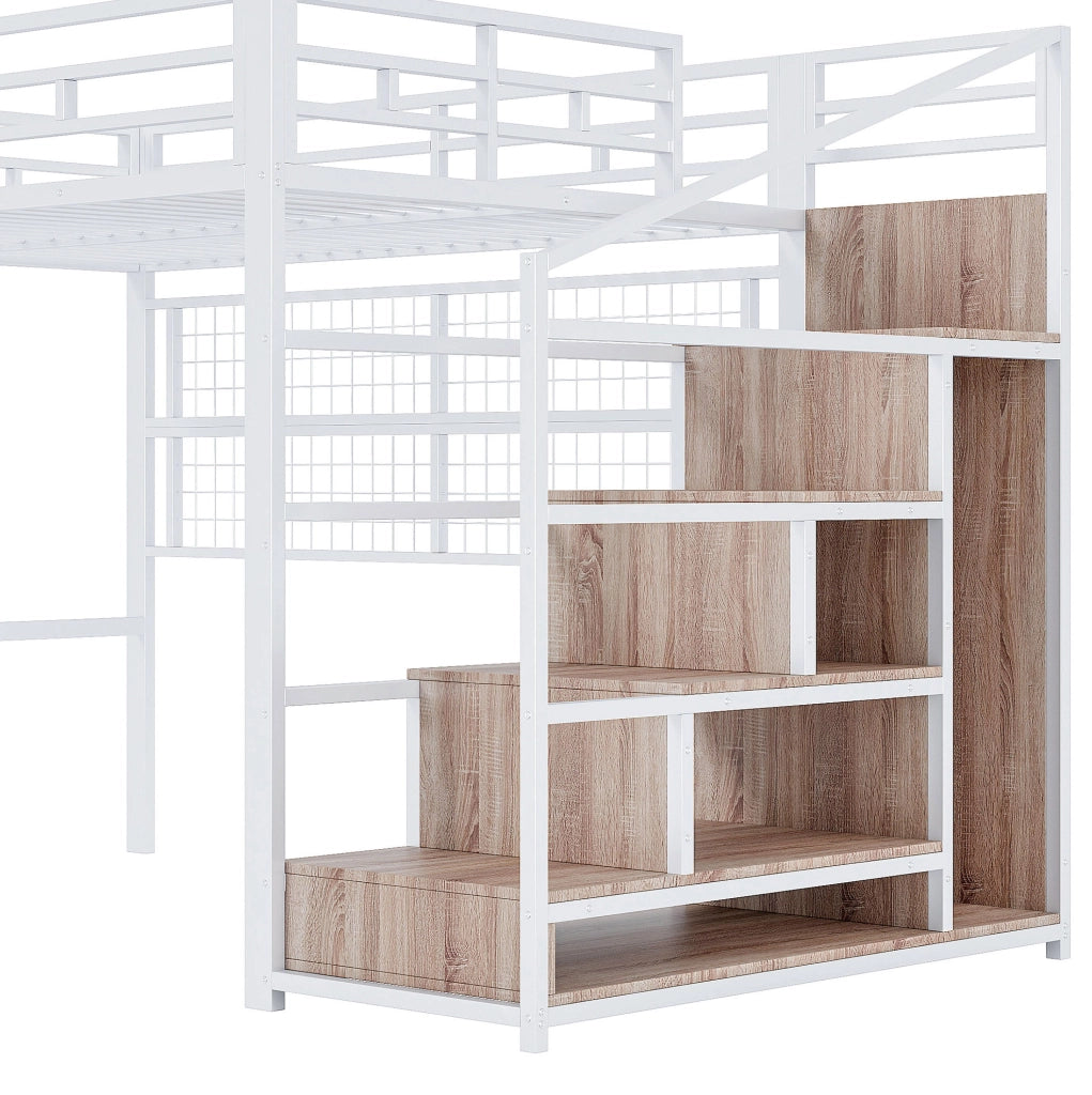 Letto a soppalco 140x200 cm in metallo bianco con scala contenitore; griglia portaoggetti e LED 7 colori
