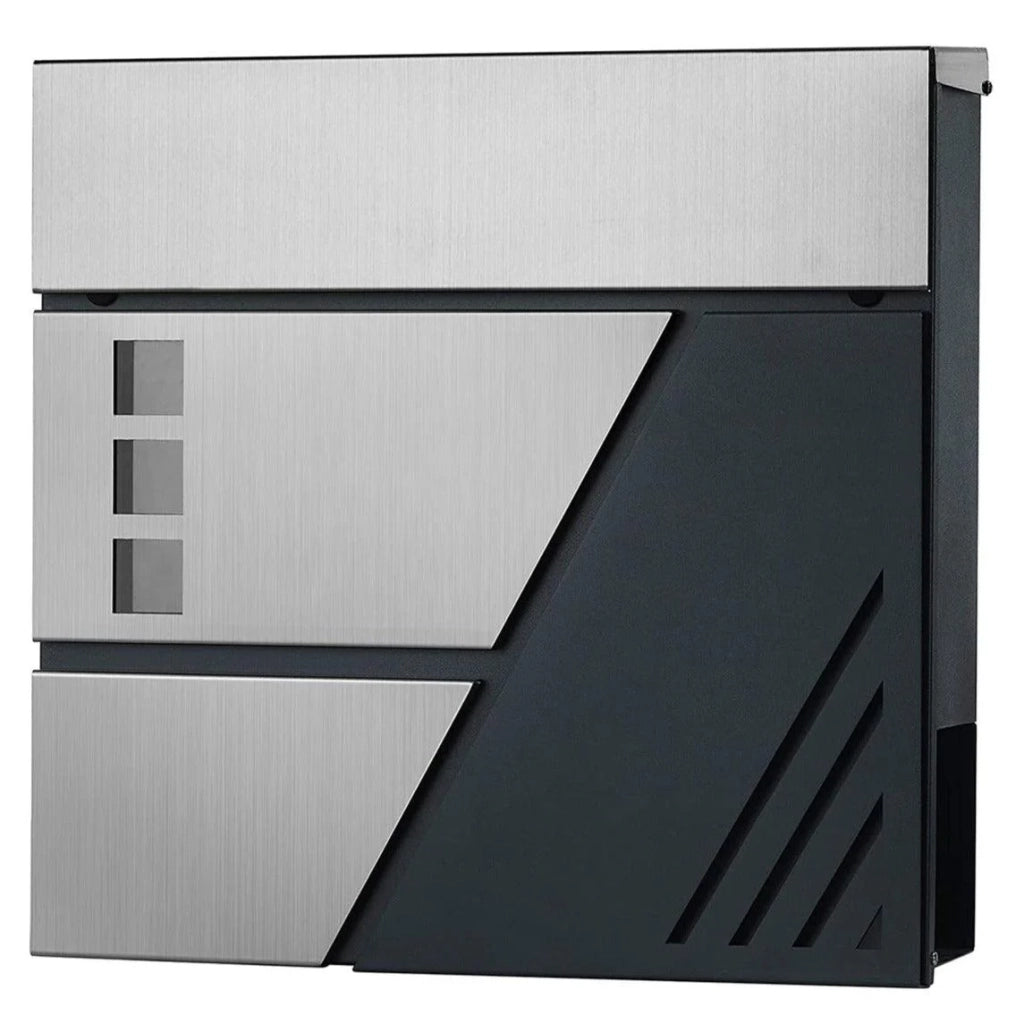 Cassetta postale a parete con finestrelle di visualizzazione in acciaio inox per cancello/porta d'ingresso con serratura e chiavi argento e grigio antracite 12_0001888