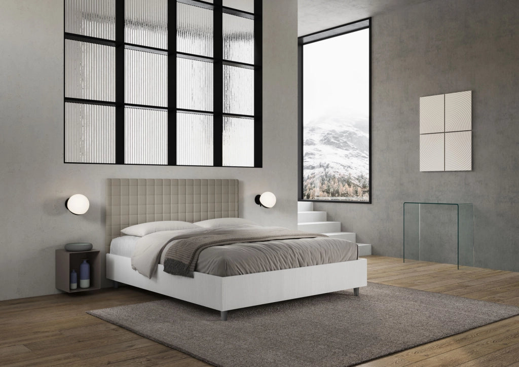 Letto Matrimoniale 160x190 cm con Rete e Contenitore Alzata Comoda Struttura Bianco Frassico e Testata in Similpelle