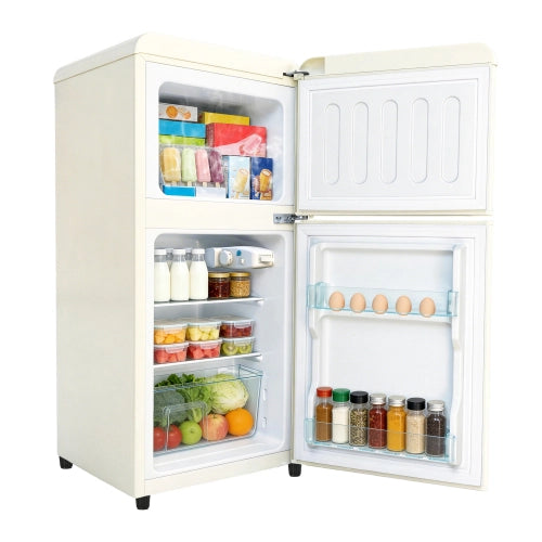 Frigorifero a doppia porta (86L) – controllo della temperatura a 7 livelli; classe di efficienza energetica E; luce a LED; ripiani regolabili e portauova – crema