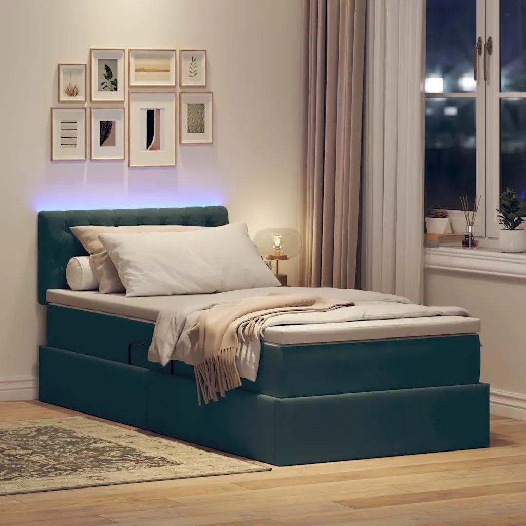Letto con contenitore e LED Verde Scuro 90 x 190 cm Velluto