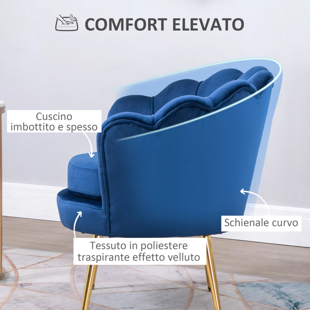 Poltrona a Conchiglia, Poltroncina Vintage, Poltroncina da Camera e Salotto, Design Elegante, con Schienale Alto, 76x67x74cm, Blu