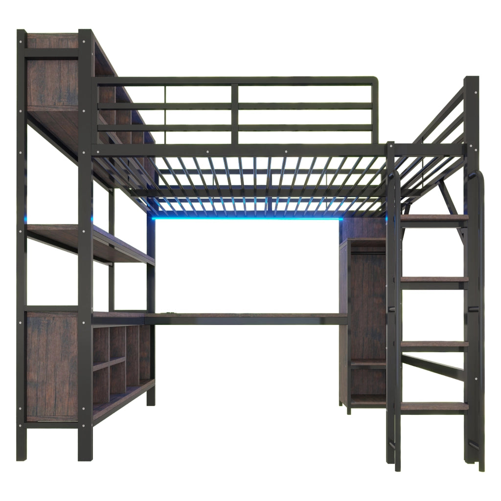 DESMIU Letto a soppalco 140 × 200 cm con scrivania, armadio, ripiani, LED e prese, senza materasso, metallo nero