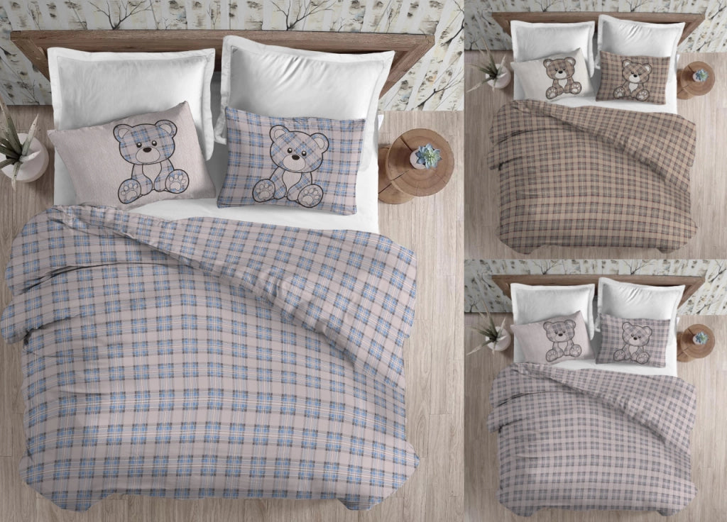 Copripiumino Sacco Piumone Cotone Flanella Pensieri Delicati Orsetto Tartan - Singolo - Grigio