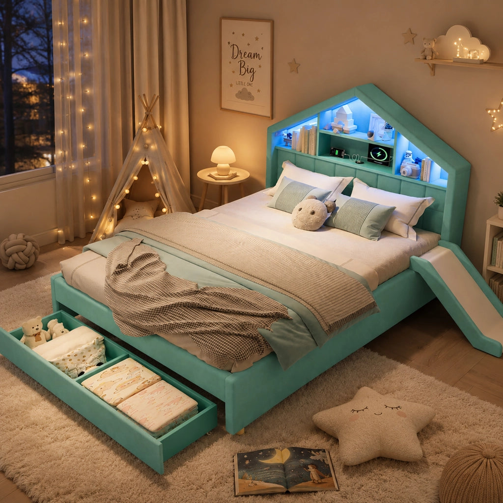 letto per bambini velluto blu verde 140x200 cm