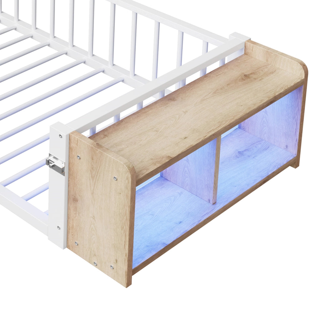 OKWISH Letto per Bambini 90 x 200 cm con Sponda, Vano Aperto e LED, senza Materasso, Metallo e MDF, Bianco