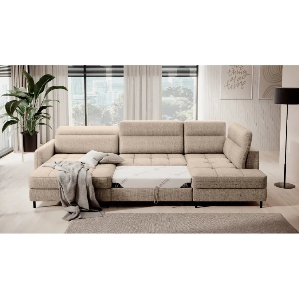 Divano angolare convertibile BERTHO 306 cm beige chiaro – Angolo sinistro con contenitore
