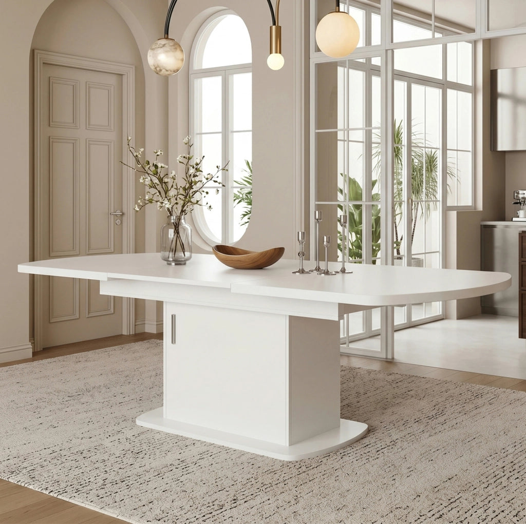 Tavolo da pranzo allungabile con vano contenitore 140/200 x 80 x 75 cm; bianco e argento