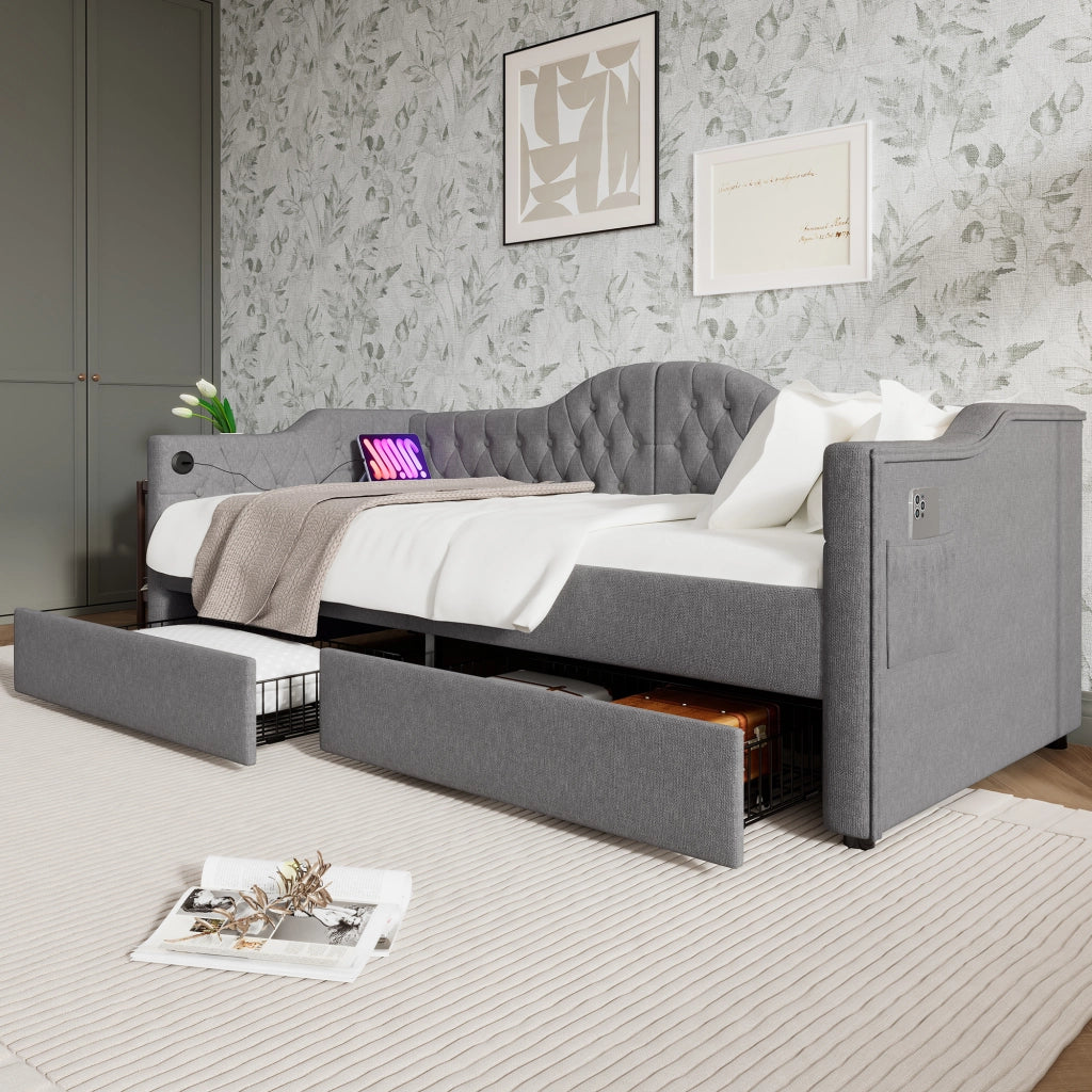 LETTO divano 90x190 cm in lino grigio con USB Type-C e 2 cassetti