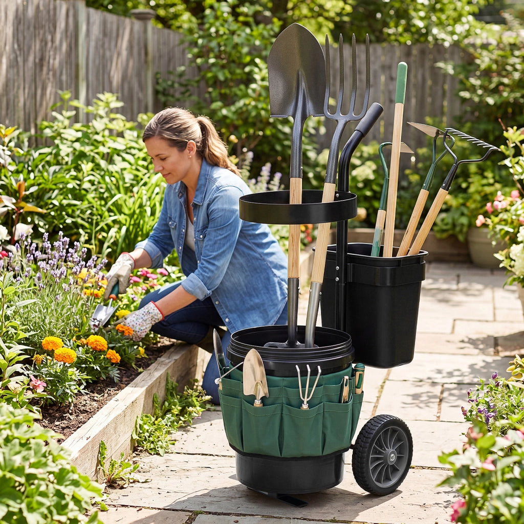 Carrello da giardino a due ruote con borsa in tessuto oxford, Carrellino per attrezzi da giardinaggio con secchio rotondo e contenitore rettangolare