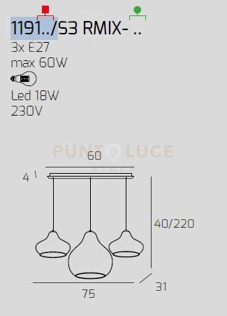 SOSP. CROMO 3 LUCI RETTANGOLARE VETRI (2 X PICCOLO + 1 X GRANDE) TUTTI ZAFFIRO 1191CR-S3 RMIX-ZA