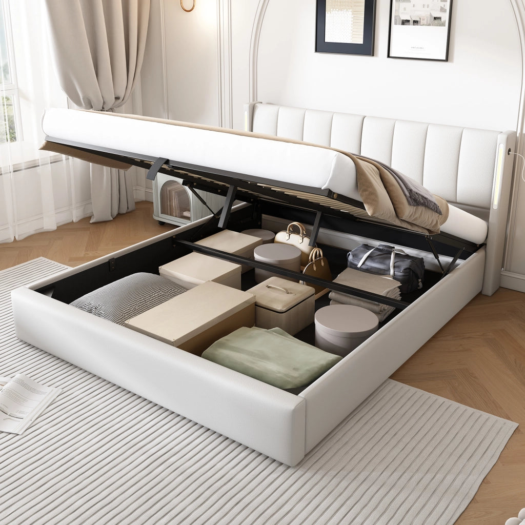 DESMIU Letto contenitore 160 × 200 cm 2 posti con USB, LED, testiera regolabile, senza materasso, in PU bianco