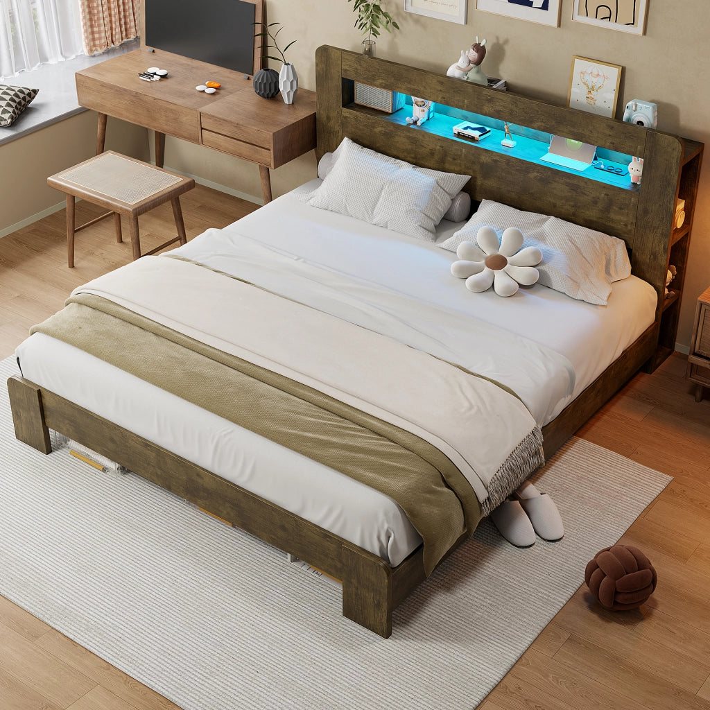 DESMIU Letto matrimoniale 180 × 200 cm con vano portaoggetti, LED e prese integrate, senza materasso, legno vintage