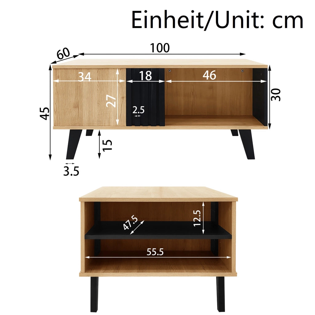 Tavolino da salotto grande 100x60x45 cm - Zephmum - Design in legno colorato e nero, cassetti, versatile