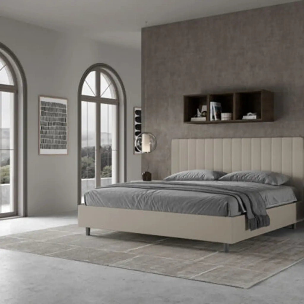 Letto matrimoniale king size contenitore imbottito 200x200 similpelle tortora Agueda