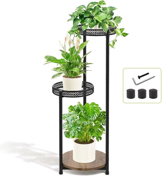 Stand per piante in metallo a 3 livelli, supporto per vasi per interni ed esterni, 76 cm di altezza, supporto per piante angolato, piatto per piante per vasi, display per piante con lato in legno per ufficio, giardino, balcone e terrazza.