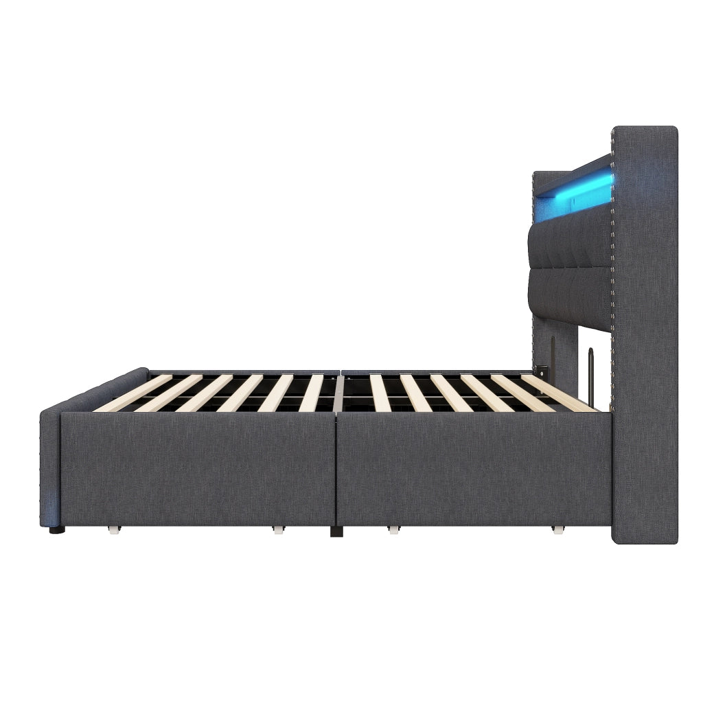 LETTO Imbottito matrimoniale 140x200 cm grigio con LED, USB e cassetti