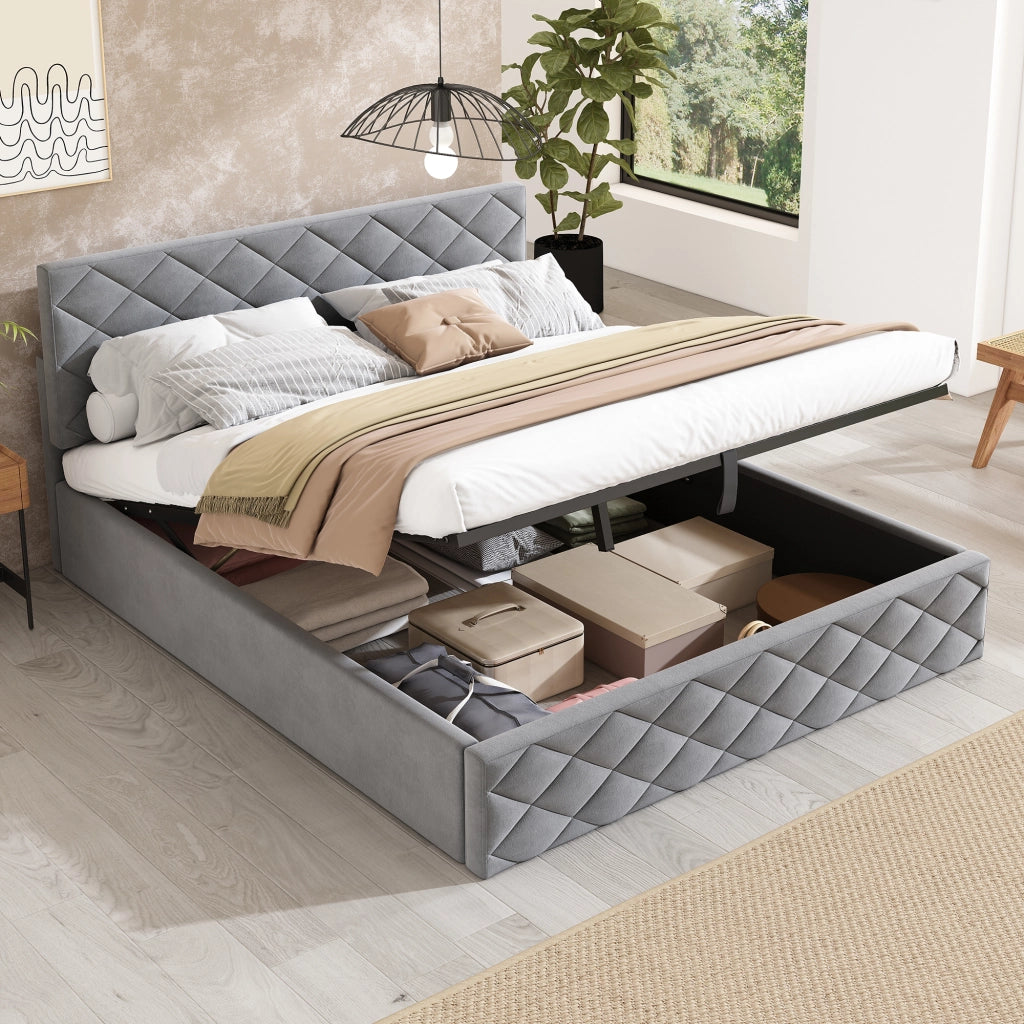 LETTO Imbottito con rete a doghe, sollevamento idraulico, 140x200 cm, velluto grigio