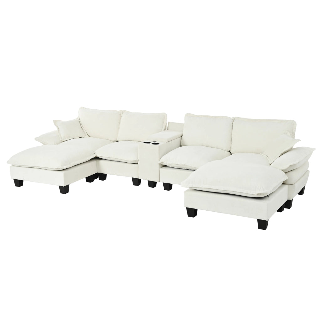 Divano Modulare U a 5 Posti con Ottomane, Contenitore e USB ¨C Xylo ¨C Chenille Beige