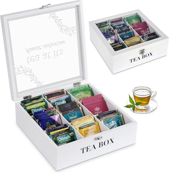 Theedoos in Legno Bianco - Cassetto di Stoccaggio con 9 Scatole - per Zuccheriere e Thee Zuccheriere