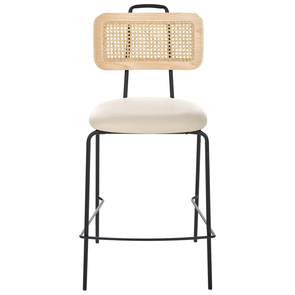 Set di 2 sedie da bar con seduta in ecopelle beige chiaro schienale in rattan gambe in ferro senza braccioli design boho moderno