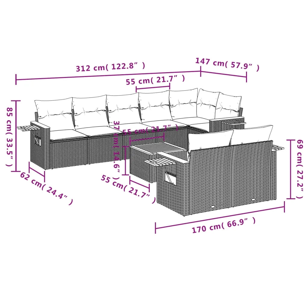 Set Divani da Giardino 9 pz con Cuscini Nero in Polyrattan