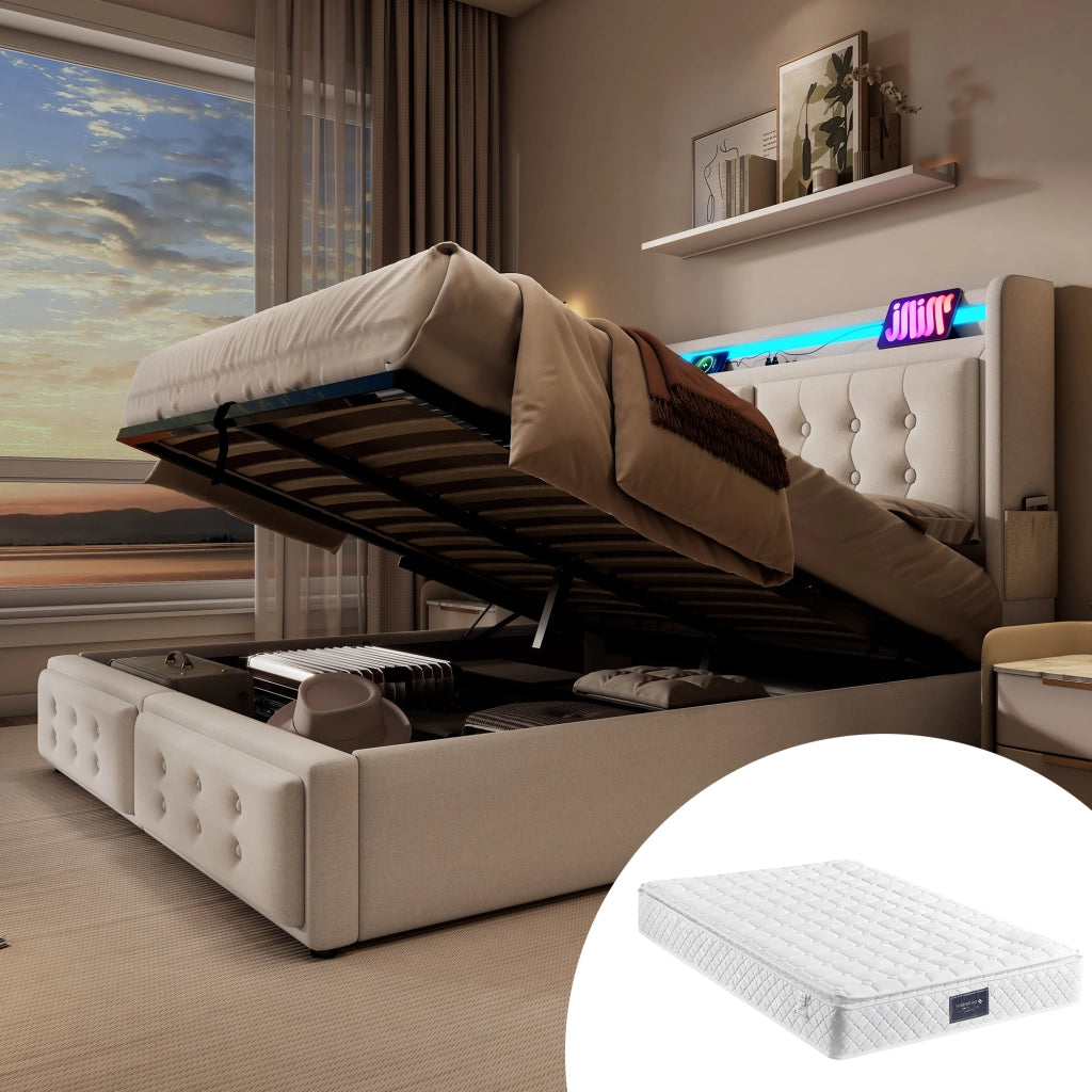 Letto imbottito 140x200 - Zephmum - Testiera in pelle, USB-C, idraulico, rete in legno/metal, 300kg, Beige, Cotone