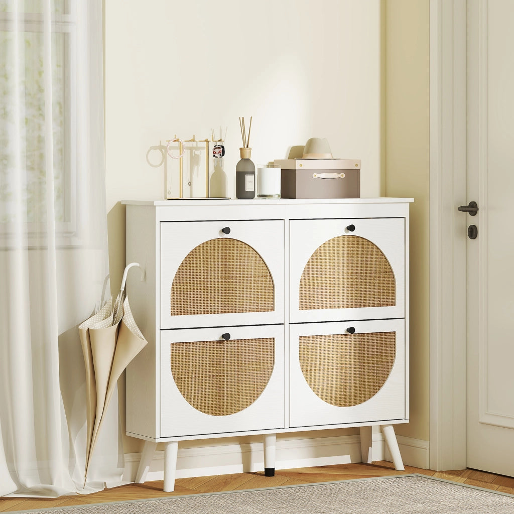 Scarpiera 4 ante 20 paia ripiani regolabile stile bohemien legno massello 105x24x97.5 cm bianco ¨C Minimal