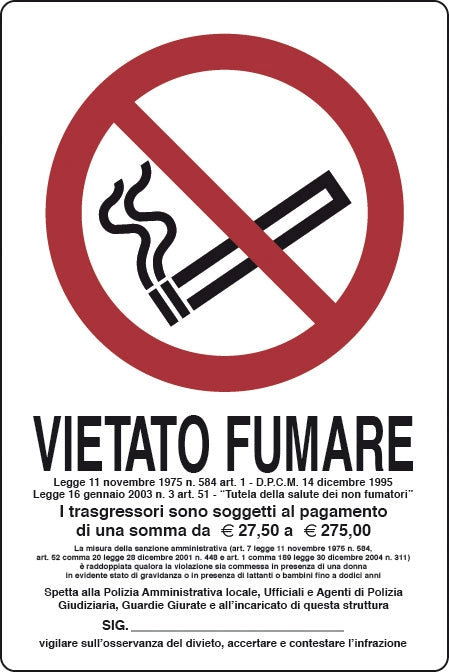 TARGA SEGNALETICA VIETATO FUMARE L.311/1 30X20- 10,0 pz