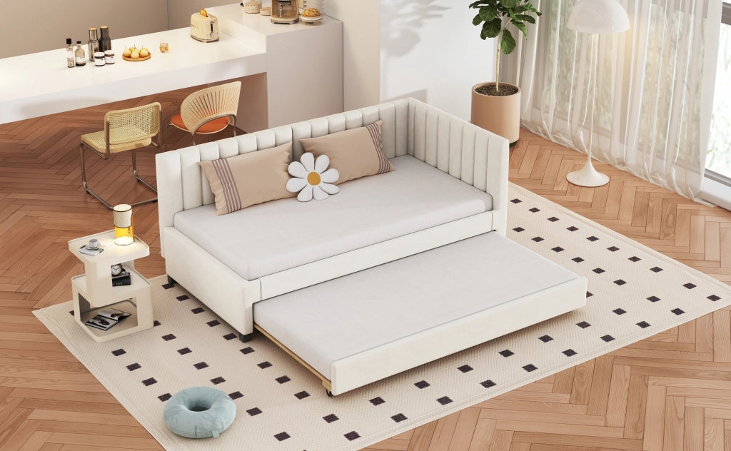 DESMIU Lit gigogne 90 × 200 cm 1 place con letto estraibile, senza materasso, in velluto beige