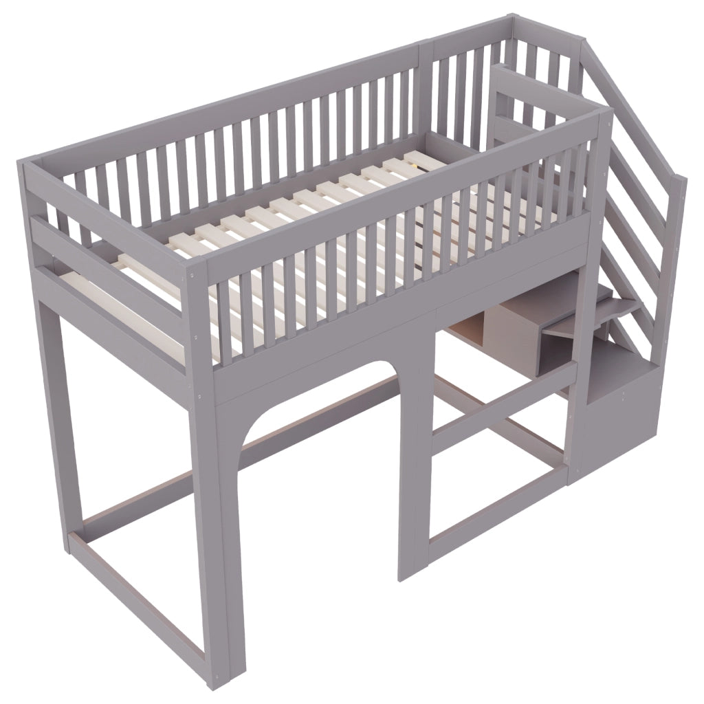 Letto a soppalco per bambini 90x200 cm con design a casetta; scala contenitore; spazio aperto sottoletto e LED; grigio
