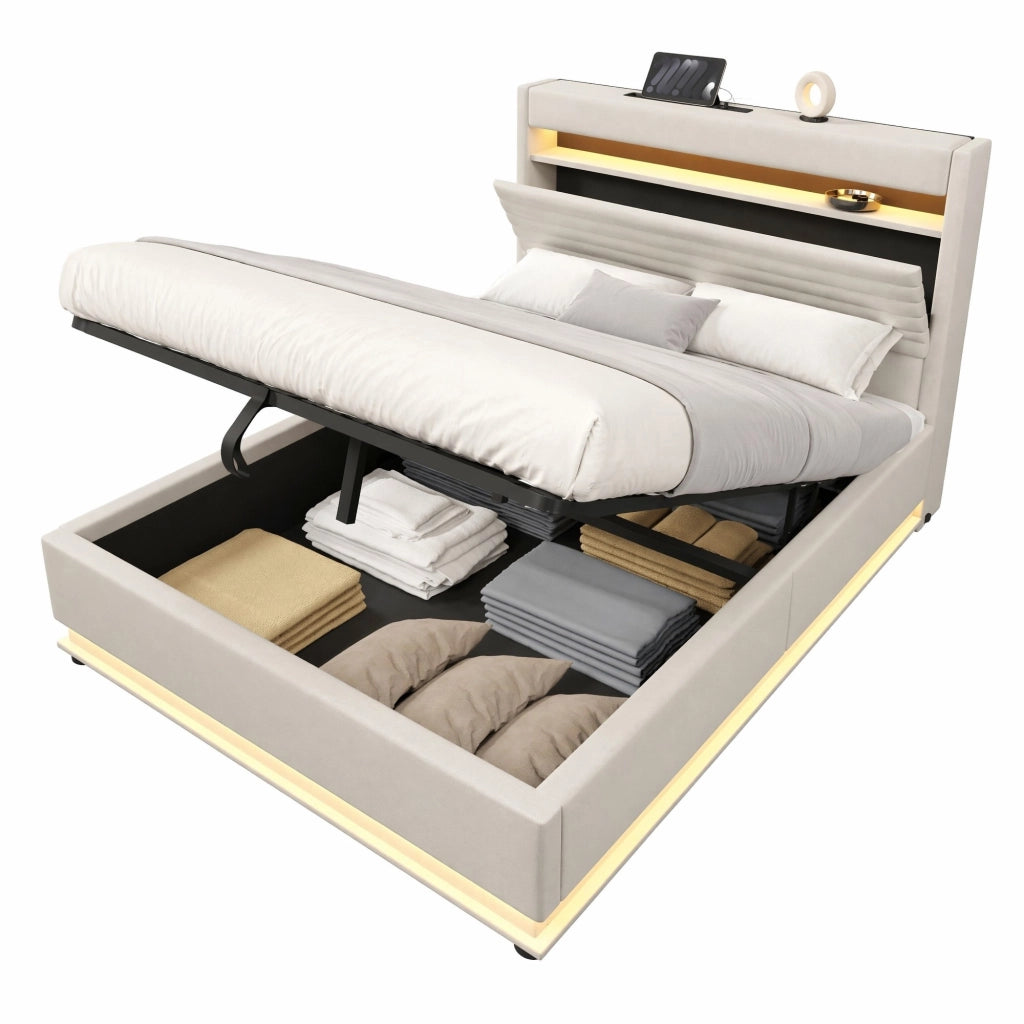 Letto imbottito 140x200 cm beige con LED, USB-C e contenitore