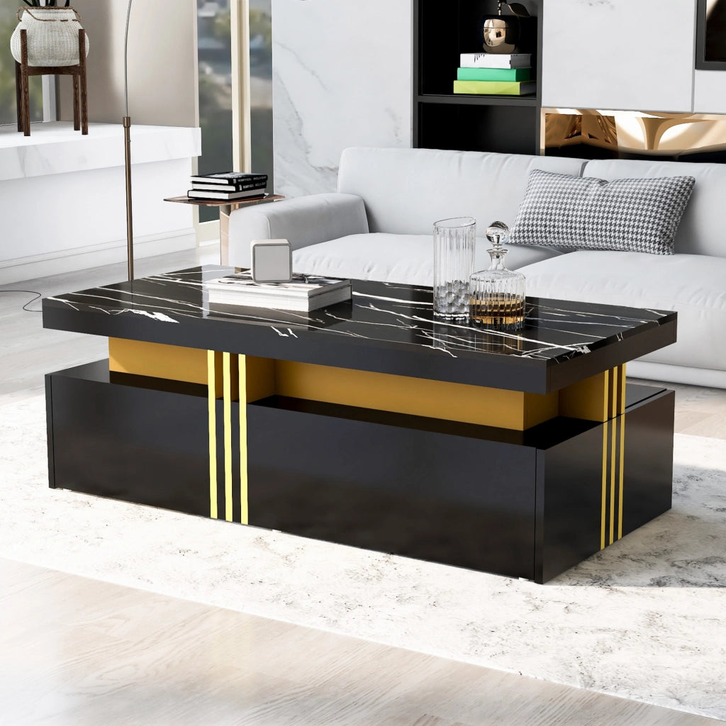 Tavolino da salotto moderno rettangolare 100x50x40 cm in truciolare nero; piano effetto marmo e 2 cassetti
