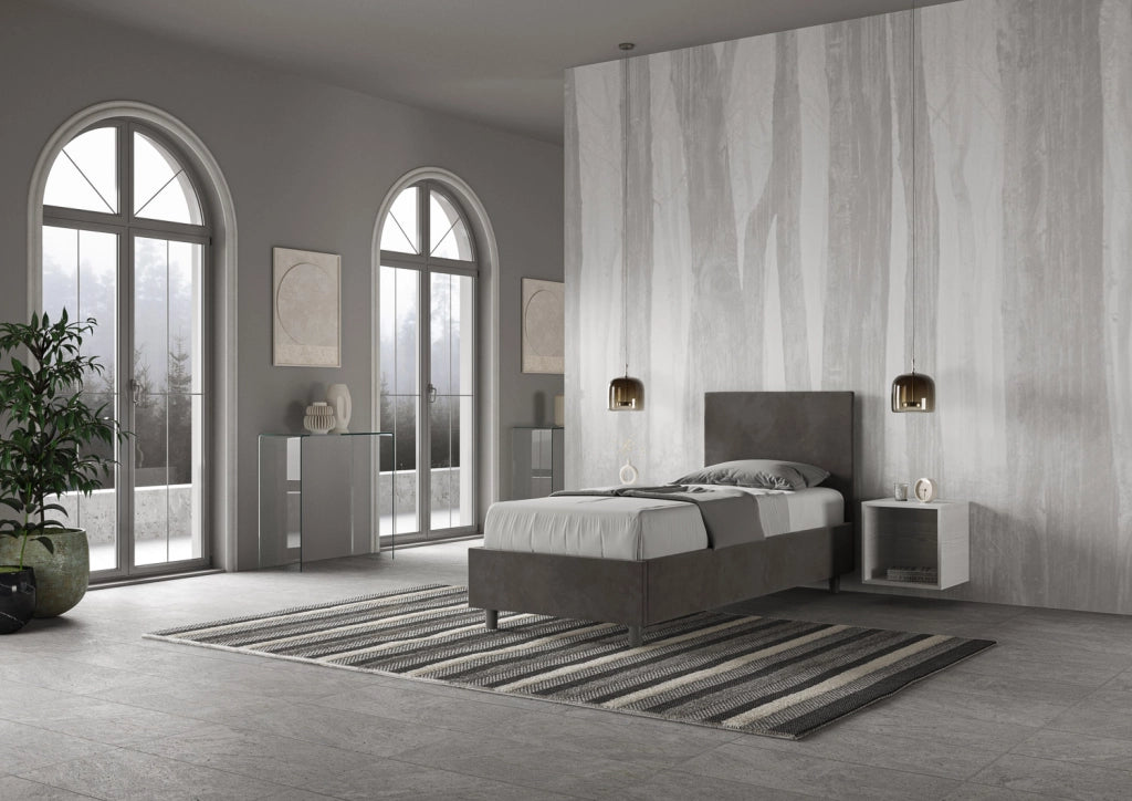 BS COM Letto singolo con rete imbottito 80x210 microfibra grigio
