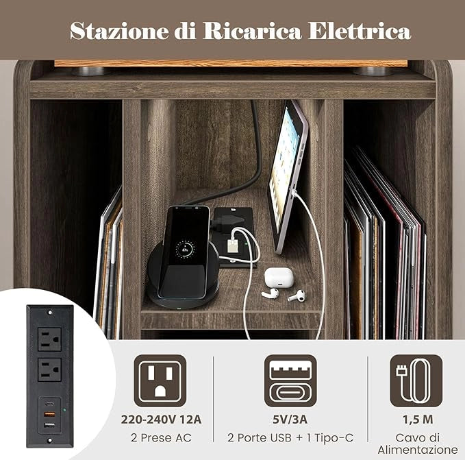 Supporto per Giradischi, Porta Vinili con 4 Ripiani Aperti, Presa di Corrente e Porta USB, con Mensole Espositive, per Soggiorno, Camera da Letto e Ufficio, 43 x 34,5 x 67,5 cm (Grigio)