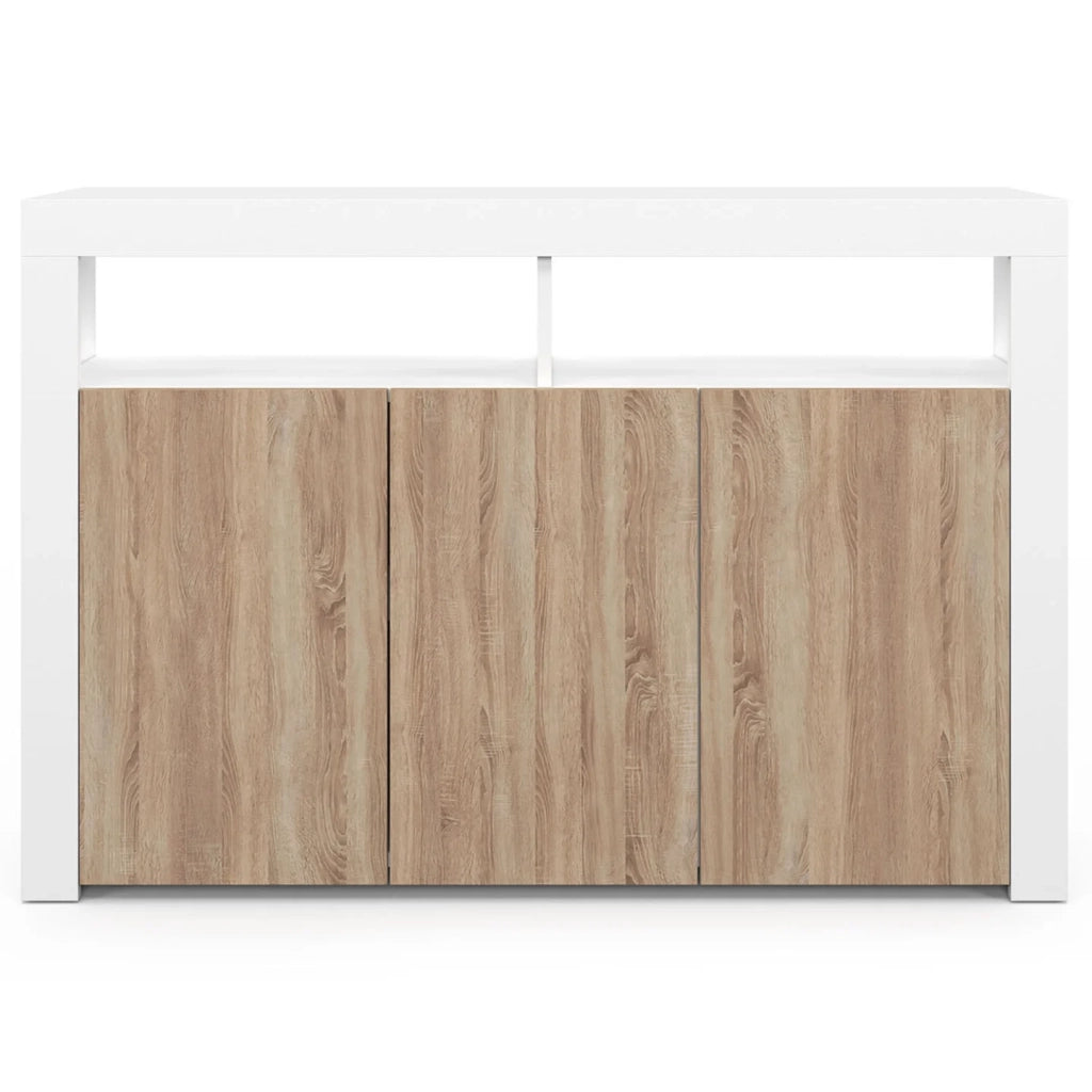 IDMarket - 110 cm ELIGHT Credenza a 3 ante con luce LED e nicchie in legno bianco ed effetto faggio