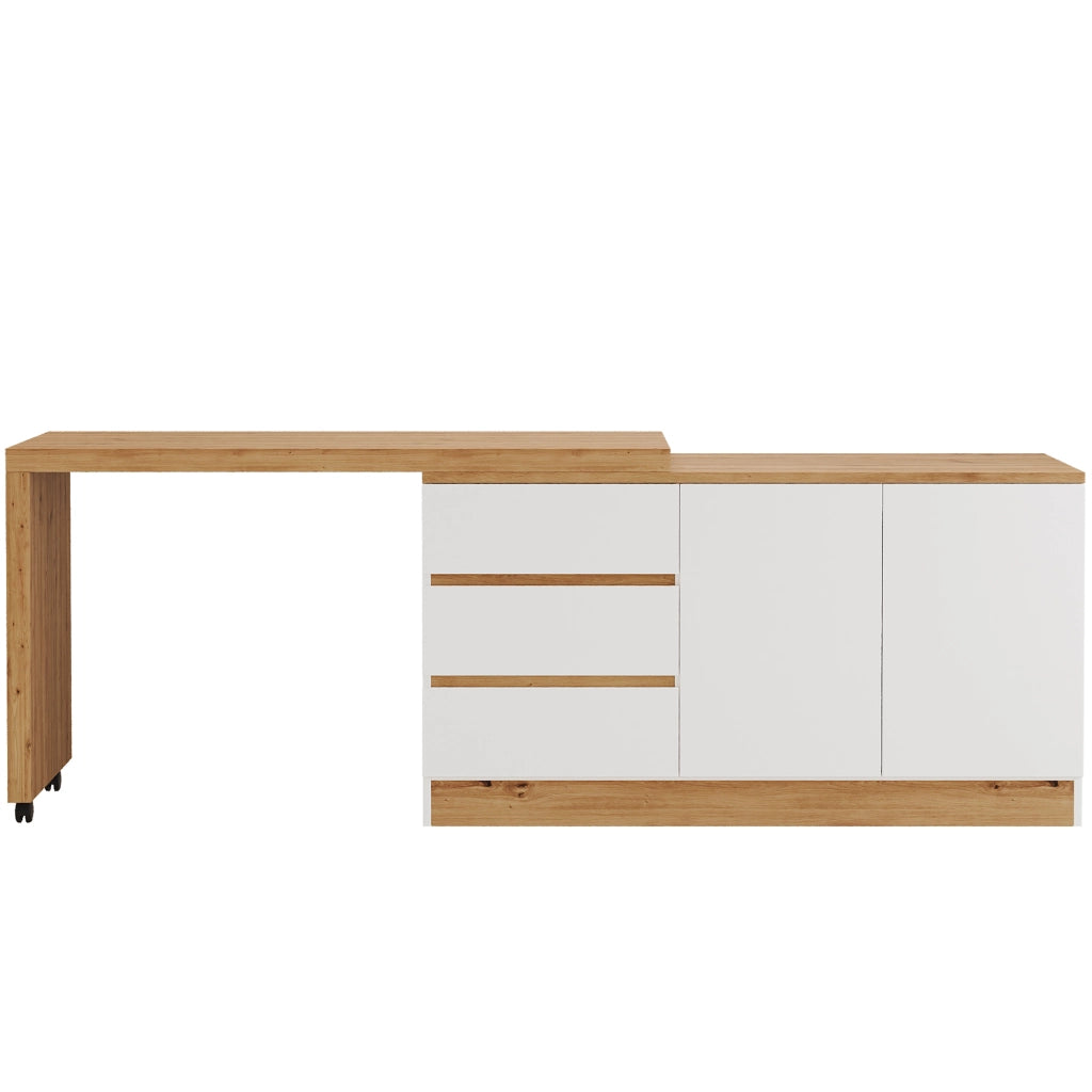 Scrivania pieghevole girevole con 2 porte e 3 cassetti, ruote frenanti, rovere e bianco, 120 × 50 × 78 cm