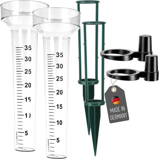 Set di misurazione della pioggia con 2 - supporto e punta di terra - misuratore di pioggia per esterno - vetroresina - quantità di pioggia - misuratore di pioggia - trasparente