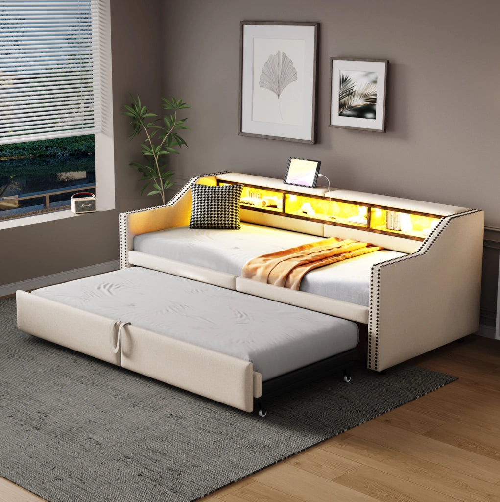 Divano letto estraibile 90/180x200 cm con vani laterali, LED e USB