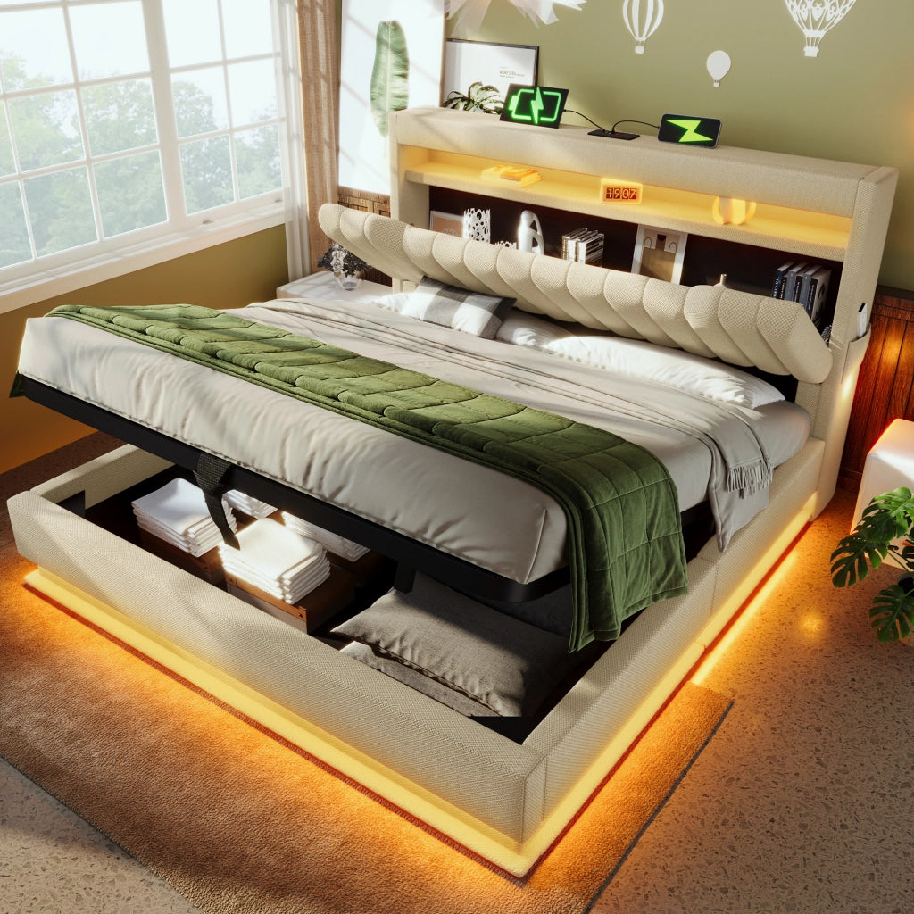 LETTO imbottito 140x200 cm Beige in lino con LED e USB