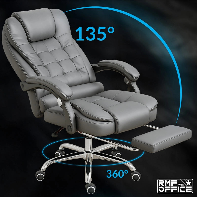 RMF Sedia Ufficio Ergonomica Professionale Reclinabile, Sedia Scrivania Seduta Comoda e Rilassante con Poggiapiedi - Poltrona Relax con Ruote Girevoli Altezza Regolabile Grigio