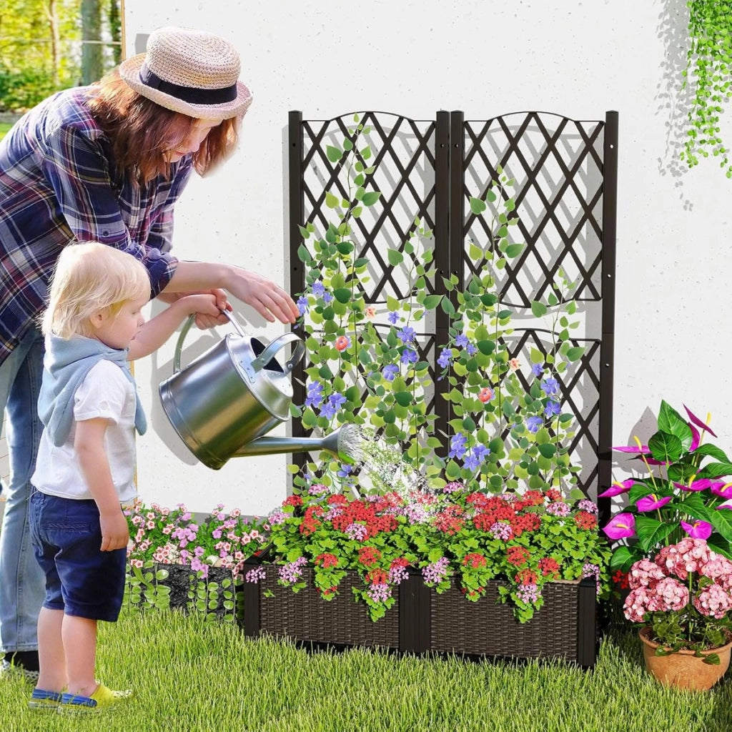 Letto da giardino rialzato con traliccio a reticolo, Fioriera in plastica autoportante per spazi esteriori (80 x 40 x 122 cm)-Scaffali per piante