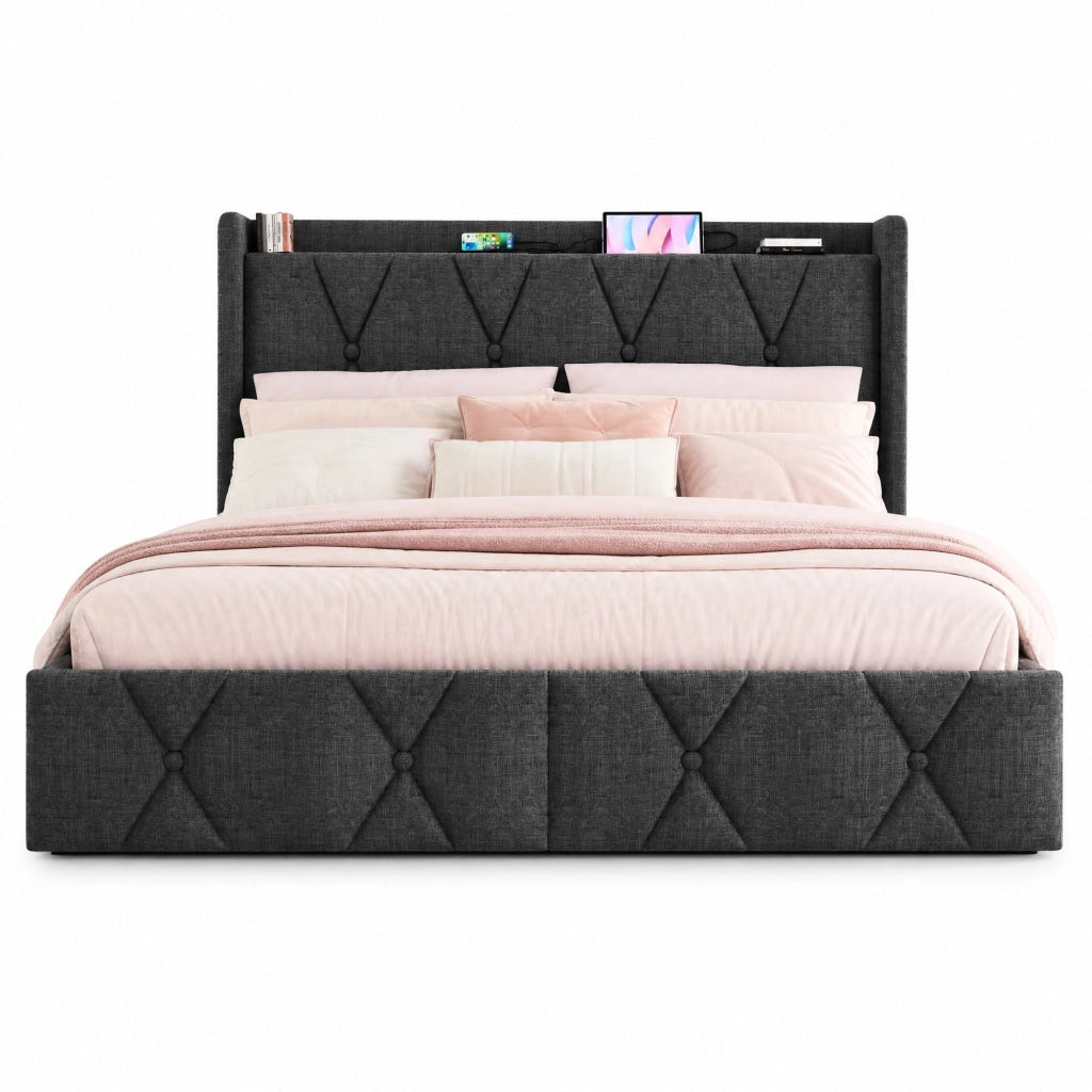 Letto imbottito 140x200 cm con 4 cassetti, USB e prese, grigio