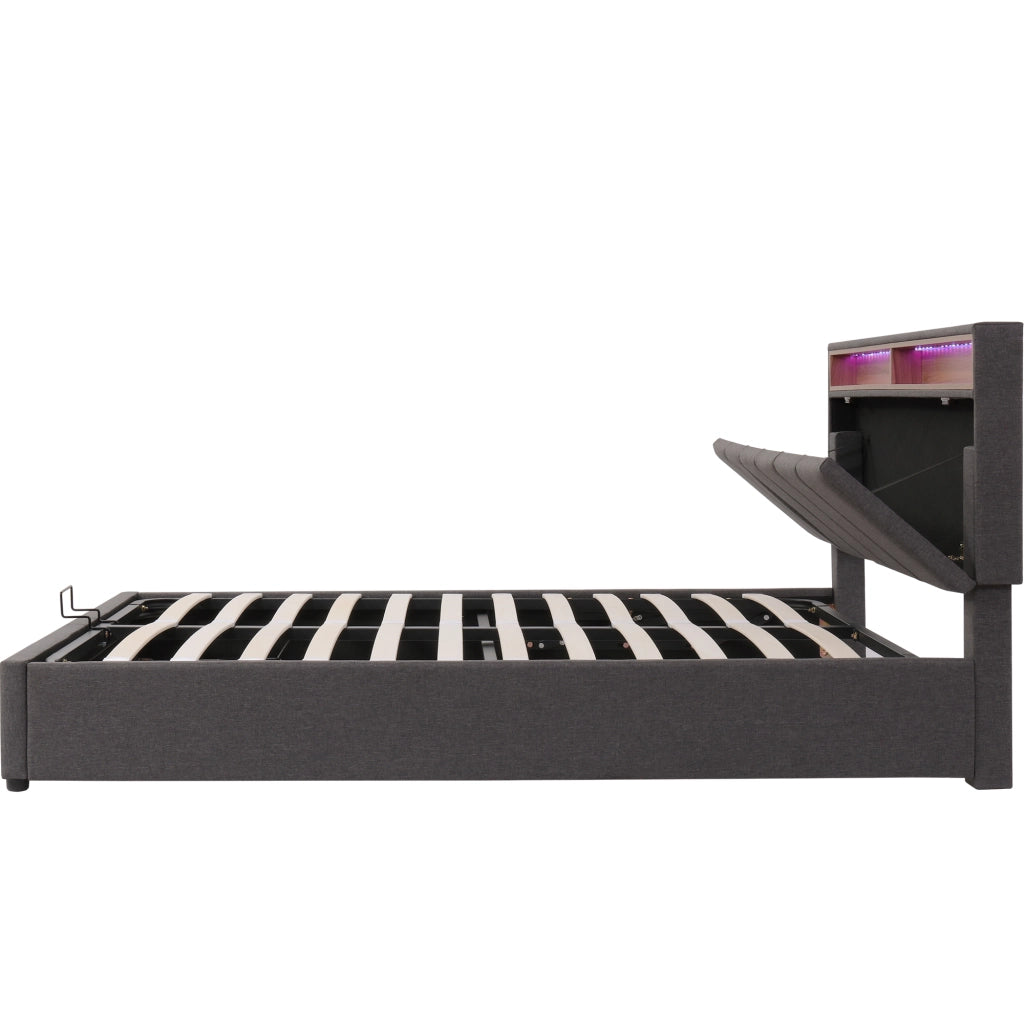 Letto adulto 140×200 cm con contenitore; LED; letto matrimoniale; senza materasso; in lino grigio