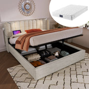 LETTO Contenitore 140x200 cm in lino beige con materasso incluso, luce da lettura e USB