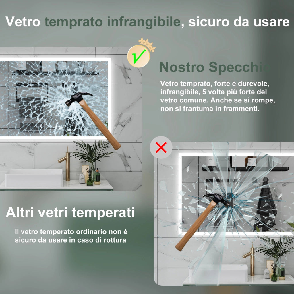 AICA Specchio da bagno  120 x 70 cm, dimmerabile, Funzione Memoria, antiappannamento, 3 colori