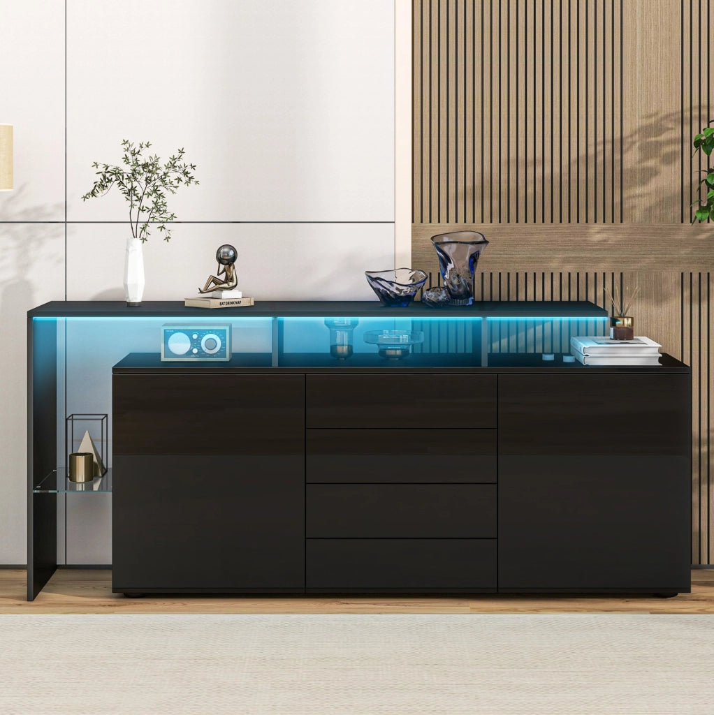 Sideboard moderno 160 cm con LED; USB; 4 cassetti e ante lucide; nero