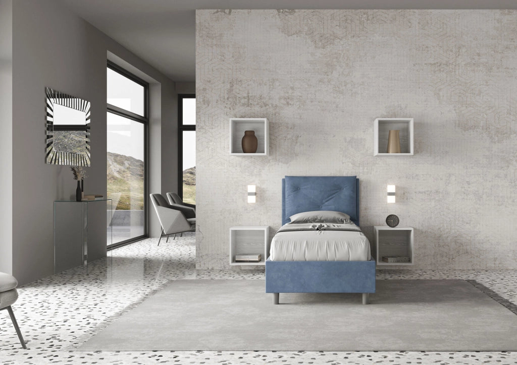 BS COM Letto singolo con rete imbottito 80x190 microfibra blu
